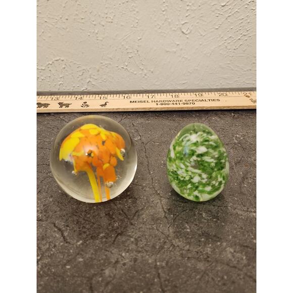2 Hand‎ Blown Round Glass Paperweight with Yellow Orange Flowers Green Egg - Picture 1 of 13